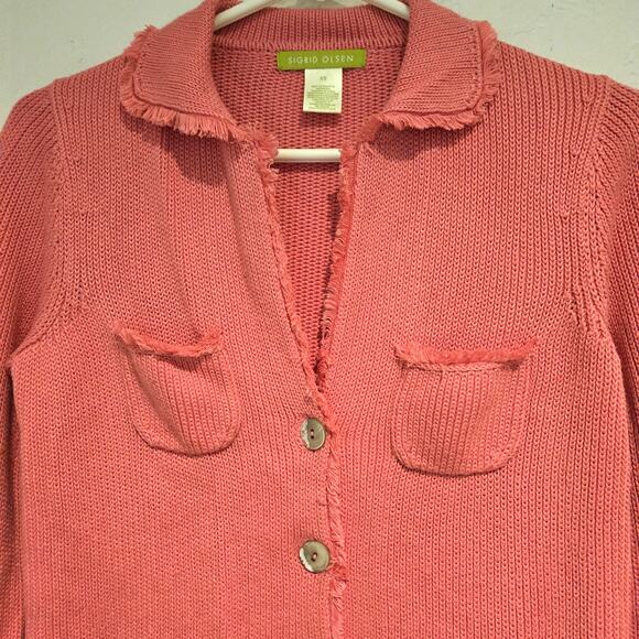 Vintage Sigrid Olsen Coral Pink Knit Collared Cardigan Jacket Fringed Pockets XS - Picture 6 of 6